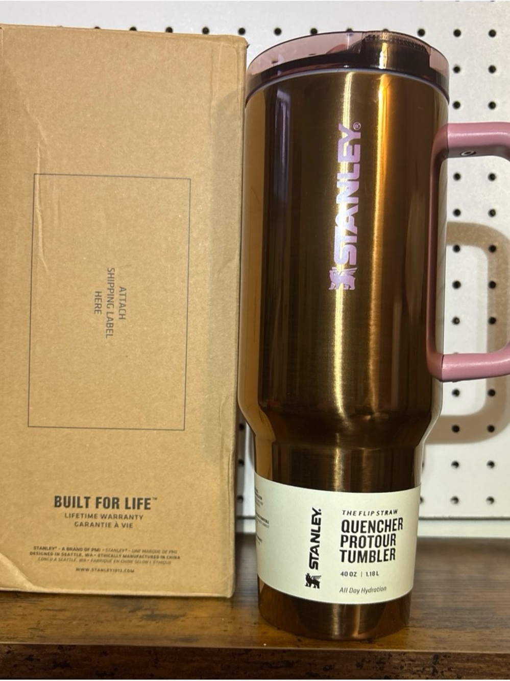 Stanley Metallic Bronze Travel Tumbler with Pink Handle